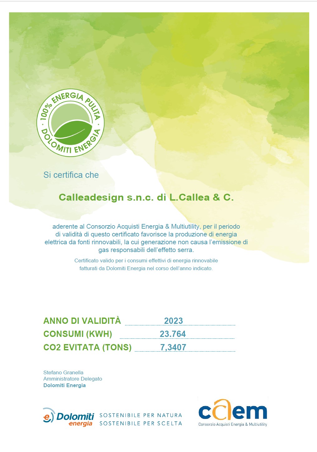 Calleadesign, riduzione emissioni in atmosfera